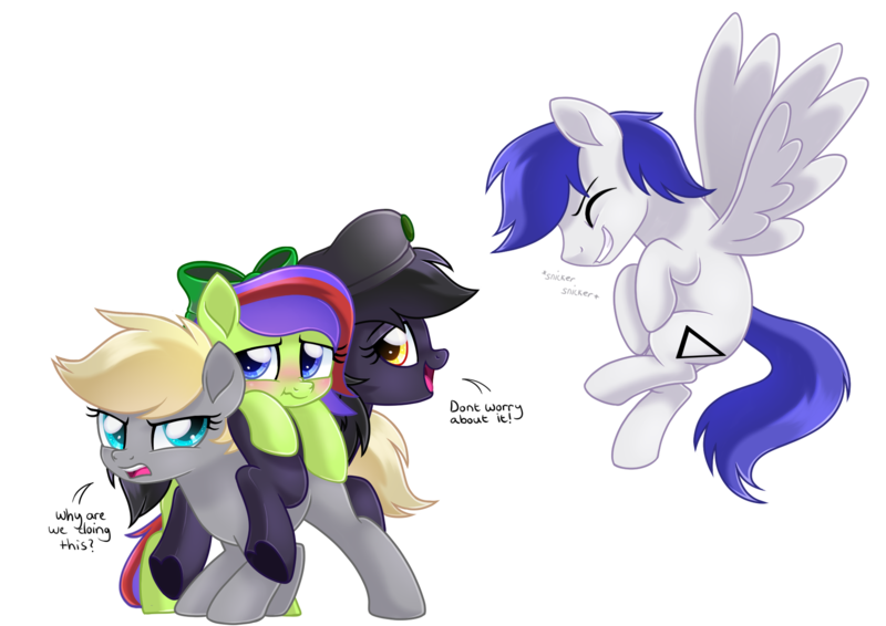 Size: 1852x1310 | Tagged: safe, artist:prince-lionel, deleted from derpibooru, derpibooru import, oc, oc:delta, oc:heartshine, oc:icepick, oc:mir, unofficial characters only, earth pony, pegasus, pony, fallout equestria, beret, blushing, bow, confusion, don't worry about it, embarrassed, female, flying, hat, indignant, irc, male, mare stack, simple background, small pony, snickering, stack, transparent background, underhoof