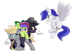 Size: 1852x1310 | Tagged: safe, artist:prince-lionel, deleted from derpibooru, derpibooru import, oc, oc:delta, oc:heartshine, oc:icepick, oc:mir, unofficial characters only, earth pony, pegasus, pony, fallout equestria, beret, blushing, bow, confusion, don't worry about it, embarrassed, female, flying, hat, indignant, irc, male, mare stack, simple background, small pony, snickering, stack, transparent background, underhoof