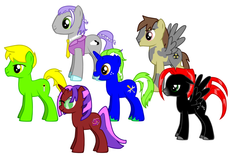 Size: 4581x3177 | Tagged: safe, derpibooru import, editor:jdueler11, oc, oc:amalgam refuse, oc:cosmic vibes, oc:nimbus quasar, oc:silver lining, oc:sir sheath, oc:tech savvy, unofficial characters only, earth pony, pegasus, pony, unicorn, pony creator, alternate mane six, male, simple background, stallion, transparent background, vector