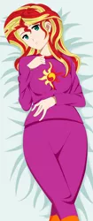 Size: 2445x5825 | Tagged: safe, artist:anonix123, derpibooru import, sunset shimmer, equestria girls, clothes, cutie mark, cutie mark on clothes, female, human coloration, looking at you, pajamas, solo