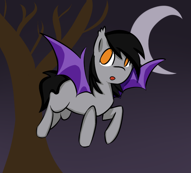 Size: 804x731 | Tagged: safe, artist:vbronny, derpibooru import, oc, unofficial characters only, bat pony, pony, bat pony oc, bat wings, flying, hooves, male, moon, night, open mouth, solo, spread wings, stallion, tree, wings