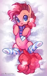 Size: 1880x3000 | Tagged: dead source, safe, artist:vixenvalley, derpibooru import, pinkie pie, earth pony, pony, clothes, cute, diapinkes, female, hnnng, mare, on back, scarf, snow, socks, solo, striped socks, winter