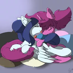 Size: 1280x1280 | Tagged: safe, artist:aurorafang, derpibooru import, oc, oc:aurorafang, oc:flurry, unofficial characters only, pegasus, pony, unicorn, couple, cuddling, female, fluffy, flurora, hair bun, licking, male, mare, pillow, sleeping, stallion, tongue out, wings
