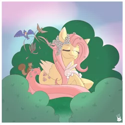 Size: 1280x1280 | Tagged: safe, artist:cckittycreative, derpibooru import, angel bunny, fluttershy, bird, pegasus, pony, squirrel, bush, colored wings, colored wingtips, eyes closed, female, flower, flower in hair, flower in tail, folded wings, mare, outdoors, peaceful, prone, wings