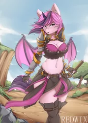 Size: 2500x3500 | Tagged: safe, artist:redwix, derpibooru import, oc, oc:battica, unofficial characters only, alicorn, anthro, bat pony, bat pony alicorn, anthro oc, bat pony oc, bat wings, belly button, boots, breasts, clothes, cloud, commission, female, horn, looking at you, sexy, shoes, skirt, sky, solo, sword, thigh boots, thighs, tree, weapon, wings, ych result