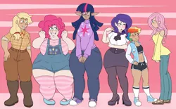 Size: 900x559 | Tagged: alicorn, applejack, artist:cottoncloudy, bandana, bbw, boots, chubbie pie, chubby, cis, cis girl, clothes, converse, derpibooru import, elf ears, fat, fit, fluttershy, glasses, high heels, human, humanized, mane six, muscles, obese, overalls, piggy pie, pinkie pie, plump, pudgy pie, rainbow dash, rarity, safe, sandals, shoes, sneakers, socks, stockings, striped socks, sweater, tanned, thick, thigh highs, thighs, thunder thighs, twilight sparkle, twilight sparkle (alicorn)