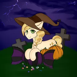 Size: 2000x2000 | Tagged: safe, artist:bestiary, derpibooru import, sweet biscuit, pony, candy, commission, food, hat, lightning, looking at you, pumpkin, witch hat