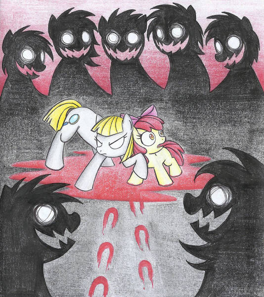 Size: 1024x1151 | Tagged: semi-grimdark, artist:islamilenaria, derpibooru import, apple bloom, oc, oc:ruby, earth pony, pony, undead, zombie, story of the blanks, blanks, traditional art