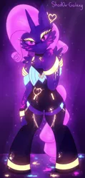 Size: 1000x2100 | Tagged: safe, artist:shad0w-galaxy, derpibooru import, rarity, pony, ahri, blacklight, clothes, female, k/da, league of legends, mare, neon, purple background, simple background, socks, solo, standing, stockings, thigh highs