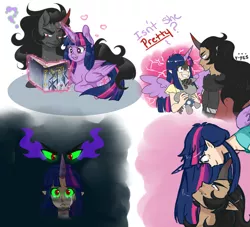 Size: 2538x2300 | Tagged: safe, artist:fuufuucuddles, derpibooru import, king sombra, smarty pants, twilight sparkle, twilight sparkle (alicorn), alicorn, human, pony, umbrum, unicorn, blushing, book, crying, doodles, elf ears, female, floating heart, frown, heart, heart eyes, horn, horned humanization, humanized, looking at each other, magic, male, question mark, reading, shipping, sombra eyes, straight, sweat, telekinesis, twibra, twilight snapple, wingding eyes, winged humanization, wings