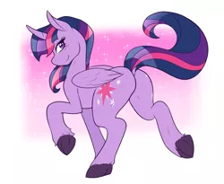 Size: 1500x1230 | Tagged: safe, artist:ambris, derpibooru import, twilight sparkle, twilight sparkle (alicorn), alicorn, pony, butt, curved horn, dock, female, horn, looking at you, mare, plot, raised hoof, simple background, smiling, solo