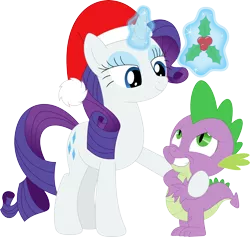 Size: 3580x3393 | Tagged: safe, artist:porygon2z, derpibooru import, rarity, spike, christmas, female, hat, holiday, holly, holly mistaken for mistletoe, imminent kissing, male, mistletoe, santa hat, shipping, simple background, sparity, straight, transparent background
