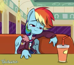 Size: 787x691 | Tagged: anthro, artist:tylerdashart, clothes, cup, derpibooru import, drink, female, mare, not clothes, pegasus, rainbow dash, safe, scene interpretation, solo, table, the saddle row review