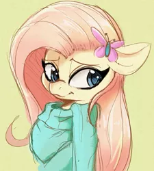 Size: 737x819 | Tagged: safe, artist:tre, derpibooru import, fluttershy, butterfly, pony, bust, clothes, female, simple background, smiling, solo, sweater, sweatershy