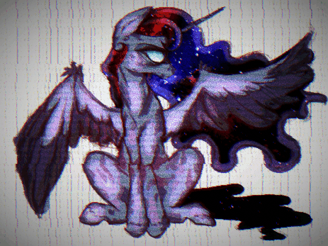 Size: 463x347 | Tagged: semi-grimdark, artist:thegoodowl, derpibooru import, nightmare moon, princess luna, alicorn, pony, nightmare luna, sitting, solo, spread wings, wings