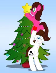 Size: 1280x1656 | Tagged: safe, artist:aarondrawsarts, derpibooru import, oc, oc:brain teaser, oc:rose bloom, pony, bipedal, brainbloom, butt, christmas, christmas tree, female, holiday, lifting, lifting ponies, male, oc x oc, plot, shipping, straight, sweat, tree