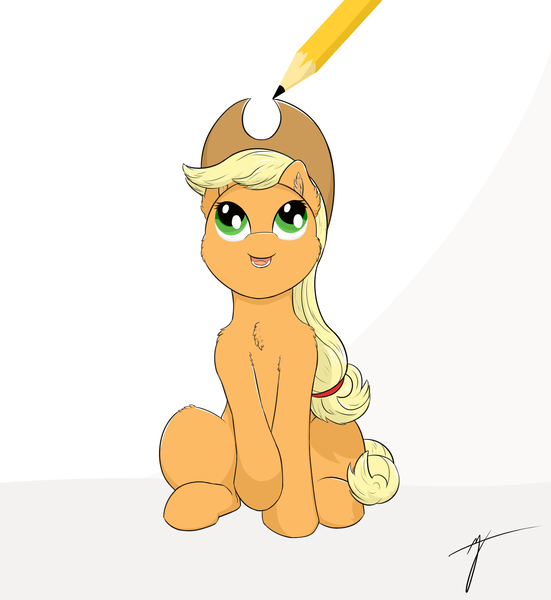 Size: 1726x1878 | Tagged: safe, artist:taxar, derpibooru import, part of a set, applejack, earth pony, pony, chest fluff, drawn into existence, ear fluff, pencil, sitting, smiling, solo