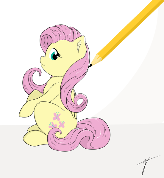 Size: 1726x1878 | Tagged: safe, artist:taxar, derpibooru import, part of a set, fluttershy, pony, drawn into existence, pencil, sitting, smiling, solo