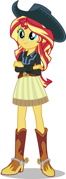 Size: 2080x5600 | Tagged: safe, artist:cencerberon, derpibooru import, sunset shimmer, equestria girls, beautiful, belt, boots, clothes, cowboy boots, cowboy hat, cowgirl, crossed arms, cute, female, hat, high heel boots, shimmerbetes, shoes, show accurate, simple background, skirt, smiling, solo, spurs, stetson, transparent background, vector, woman