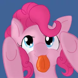 Size: 600x600 | Tagged: safe, artist:sixes&sevens, derpibooru import, pinkie pie, pony, :p, against glass, blue background, female, glass, licking screen, pressed against screen, silly, simple background, solo, tongue out