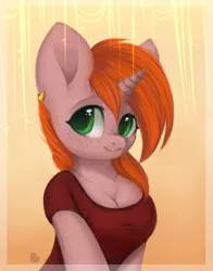Size: 2352x2999 | Tagged: safe, artist:alphadesu, derpibooru import, oc, oc:debra rose, anthro, semi-anthro, unicorn, :3, abstract background, breasts, cleavage, clothes, commission, ear piercing, earring, female, freckles, jewelry, looking at you, nudity, piercing, shirt, smiling, solo, ych result