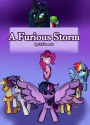 Size: 1080x1500 | Tagged: alicorn, applejack, artist:tkitten16, crossover, derpibooru import, fanfic, fanfic:a furious storm, fanfic art, fanfic cover, fawful, fluttershy, flying, frown, group, jumping, mane six, mario and luigi, pinkie pie, queen chrysalis, rainbow dash, raised hoof, rarity, safe, smiling, twilight sparkle, twilight sparkle (alicorn), wings