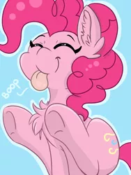 Size: 1200x1600 | Tagged: safe, artist:meowmavi, derpibooru import, pinkie pie, earth pony, pony, :p, :t, blue background, boop, chest fluff, cute, diapinkes, ear fluff, eyes closed, female, jumping, mare, mlem, ponk, silly, silly pony, simple background, solo, text, tongue out, underhoof, weapons-grade cute