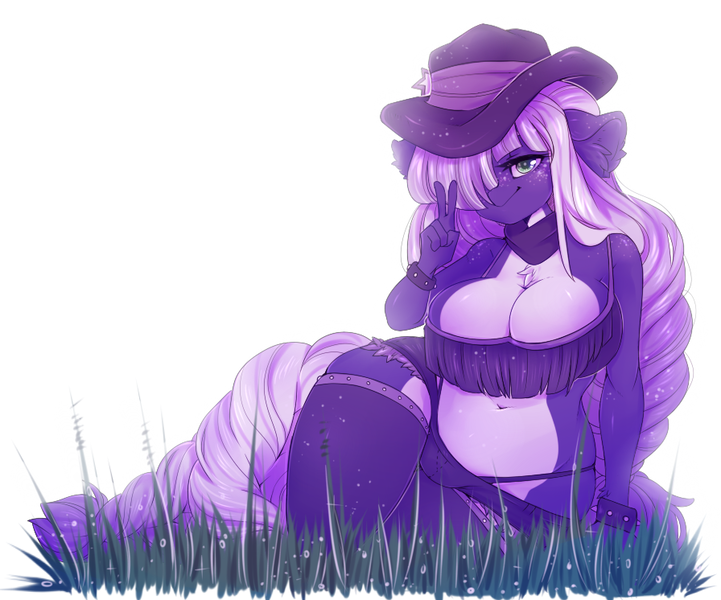 Size: 896x746 | Tagged: suggestive, artist:sich_laity, derpibooru import, oc, unofficial characters only, anthro, earth pony, anthro oc, belly button, bra, breasts, chest fluff, cleavage, cleavage fluff, clothes, commission, cowboy hat, digital art, female, freckles, grass, hair over one eye, hat, lingerie, looking at you, pale belly, peace, peace sign, pink hair, pink mane, pink tail, shorts, simple background, sitting, smiling, smirk, socks, solo, solo female, thigh highs, underwear, white background, ych result