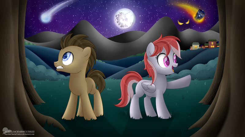 Size: 5775x3252 | Tagged: safe, artist:raspberrystudios, derpibooru import, doctor whooves, time turner, oc, pony, bush, doctor who, evil eyes, excited, mare in the moon, memories of blue, moon, pointing, scared, scenery, shooting star, tardis, town, tree