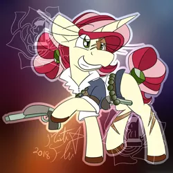 Size: 1280x1280 | Tagged: safe, artist:rosexknight, derpibooru import, oc, oc:brigid, pony, unicorn, bomb, clothes, female, flintlock, gun, hippo snout, pirate, scar, scarred, solo, watermark, weapon