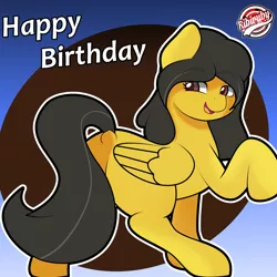 Size: 1280x1280 | Tagged: safe, artist:ribiruby, derpibooru import, oc, oc:danielita, oc:dany melody, unofficial characters only, pegasus, pony, abstract background, dock, female, happy birthday, looking back, mare, open mouth, raised hoof, smiling, solo