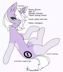 Size: 1300x1500 | Tagged: safe, artist:mamakitten, derpibooru import, oc, oc:quiver, unofficial characters only, pony, unicorn, clothes, cutie mark, female, mare, pepsi, reference sheet, signature, simple background, smiling, socks, soda, solo, stockings, thigh highs, vulgar