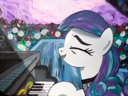 Size: 1601x1200 | Tagged: safe, artist:aquilateagle, derpibooru import, coloratura, earth pony, pony, the mane attraction, cute, eyes closed, female, female focus, mare, musical instrument, open mouth, piano, playing instrument, rara, rarabetes, scene interpretation, singing, smiling, solo focus, spotlight, traditional art