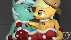 Size: 3840x2160 | Tagged: suggestive, artist:anon_sfm, derpibooru import, applejack, lyra heartstrings, anthro, 3d, about to kiss, bell, bell collar, breasts, christmas, christmas outfit, clothes, collar, female, holiday, lesbian, looking at each other, lyrajack, shipping, source filmmaker