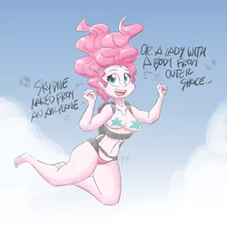 Size: 1200x1200 | Tagged: suggestive, artist:flutterthrash, derpibooru import, pinkie pie, human, equestria girls, barefoot, belly button, breasts, busty pinkie pie, clothes, cloud, commission, falling, feet, female, harness, image, kickstart my heart, lyrics, motley crue, panties, parachute, pasties, pink underwear, png, sexy, sky, skydiving, solo, song reference, tack, text, underwear
