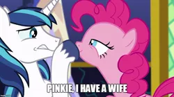 Size: 888x499 | Tagged: safe, derpibooru import, edit, edited screencap, screencap, pinkie pie, shining armor, earth pony, pony, unicorn, the one where pinkie pie knows, caption, dialogue, female, image macro, implied infidelity, male, meme, shipping denied, text