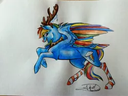 Size: 4320x3240 | Tagged: safe, artist:artmadebyred, derpibooru import, rainbow dash, pony, absurd resolution, christmas, clothes, colored wings, holiday, multicolored wings, rearing, reindeer dash, rudolph dash, rudolph nose, signature, socks, solo, striped socks, traditional art, wings