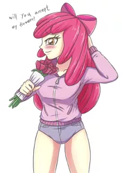 Size: 2077x2952 | Tagged: safe, artist:sumin6301, derpibooru import, apple bloom, equestria girls, blushing, bouquet, breasts, busty apple bloom, clothes, dialogue, female, flower, older, older apple bloom, shorts, simple background, solo, white background