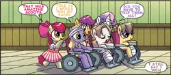 Size: 512x225 | Tagged: safe, artist:agnesgarbowska, derpibooru import, edit, idw, apple bloom, scootaloo, sweetie belle, earth pony, pegasus, pony, unicorn, comic, cutie mark crusaders, female, filly, text edit, wheelchair