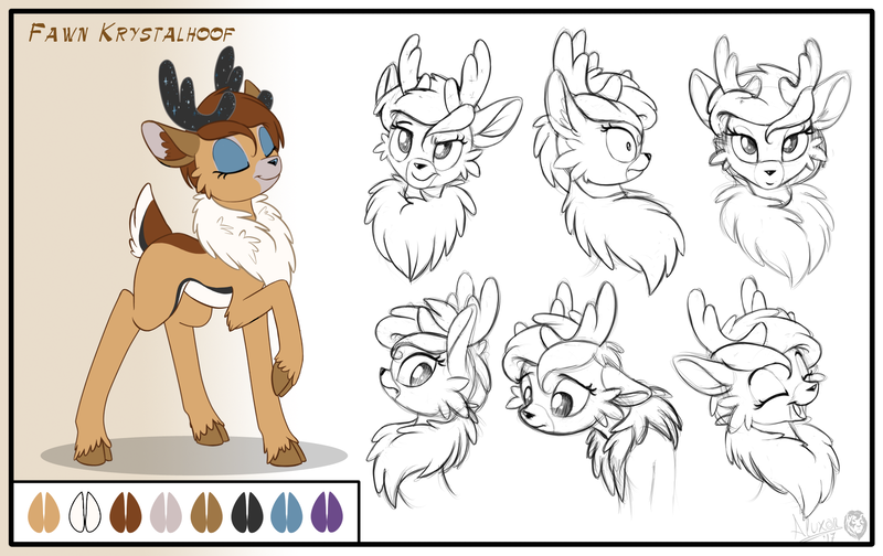 Size: 1930x1216 | Tagged: amused, antlers, artist:sirzi, bedroom eyes, chest fluff, deer, deer oc, derpibooru import, description is relevant, disgusted, doe, emotes, eyeshadow, female, fluffy, makeup, non-pony oc, nordeer, oc, oc:fawn krystalhoof, original species, reference sheet, sad, safe, shocked, smiling, space, unofficial characters only, wide eyes