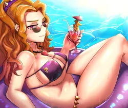 Size: 800x671 | Tagged: suggestive, artist:tzc, derpibooru import, adagio dazzle, human, equestria girls, rainbow rocks, absolute cleavage, bendy straw, beverage, big breasts, bikini, bikini babe, bikini bottom, bikini top, breasts, busty adagio dazzle, cleavage, clothes, cocktail umbrella, crepuscular rays, cutie mark, cutie mark on clothes, drink, drinking straw, dripping, female, floating device, gem, glass, headband, hot, humanized, inner tube, jewelry, juice, legs, lens flare, looking at you, necklace, outdoors, pendant, seductive look, sexy, sideboob, siren gem, smiling, smirk, solo, solo female, spiked headband, spikes, straw, sunglasses, swimsuit, thick, thighs, thunder thighs, underboob, wall of tags, water, wet