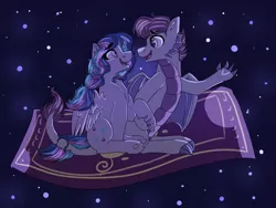 Size: 2048x1536 | Tagged: safe, artist:kindheart525, artist:nightlyartemis, derpibooru import, oc, oc:lunar gauntlet, oc:pandemonium, unofficial characters only, pony, kindverse, female, looking at each other, magic carpet, magical lesbian spawn, male, offspring, offspring's offspring, parent:oc:bedlam, parent:oc:burgeon flare, parent:oc:firefly, parent:oc:galaxy guard, straight