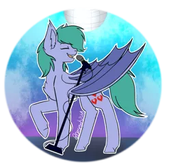 Size: 807x768 | Tagged: safe, artist:rcdesenhista, derpibooru import, oc, oc:brensa, unofficial characters only, bat pony, pony, bat pony oc, bat wings, eyes closed, fangs, singing, solo, wings