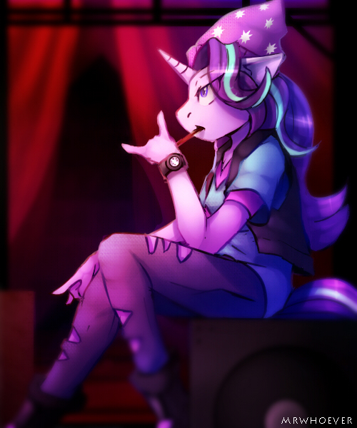 Size: 500x600 | Tagged: safe, artist:lostdreamm, derpibooru import, starlight glimmer, anthro, plantigrade anthro, unicorn, equestria girls, mirror magic, spoiler:eqg specials, beanie, breasts, cleavage, clothes, equestria girls outfit, female, food, hat, pocky, ripped pants, shirt, sitting, solo, vest