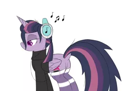 Size: 1440x1080 | Tagged: safe, artist:ideltavelocity, derpibooru import, mean twilight sparkle, alicorn, pony, the mean 6, alternate hairstyle, butt, clone, clothes, dock, headphones, music notes, plot, simple background, socks, solo, sweater