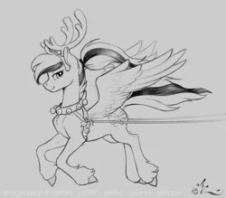 Size: 1200x1050 | Tagged: safe, artist:amarynceus, deleted from derpibooru, derpibooru import, oc, oc:acela, unofficial characters only, pegasus, pony, animal costume, antlers, clothes, costume, female, mare, monochrome, ponytail, reindeer costume, simple background, sketch, smiling, solo, unshorn fetlocks