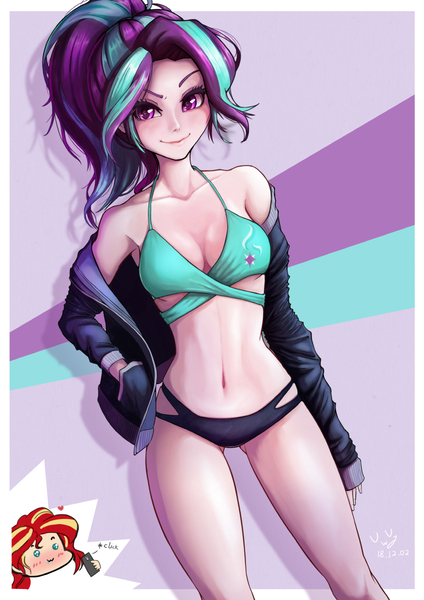 Size: 848x1200 | Tagged: suggestive, artist:the-park, derpibooru import, starlight glimmer, sunset shimmer, human, equestria girls, abstract background, alternate hairstyle, armpits, beautiful, belly button, bikini, bikini bottom, bikini top, blushing, border, bra, breasts, chibi, clothes, cutie mark, cutie mark on clothes, drool, eyelashes, female, floating heart, hand in pocket, head only, heart, humanized, jacket, lesbian, looking at you, midriff, off shoulder, open clothes, panties, phone, ponytail, pose, raised eyebrow, salivating, sexy, shimmerglimmer, shipping, signature, simple background, smiling, solo, solo focus, standing, stupid sexy starlight glimmer, swimsuit, taking a photo, telephone, tilted camera, underass, underboob, underwear