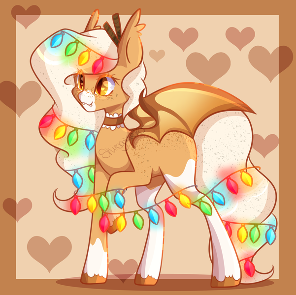 Size: 2064x2060 | Tagged: safe, artist:fish-and-star, derpibooru import, oc, oc:pumpkin spice, unofficial characters only, bat pony, pony, bat pony oc, bat wings, choker, christmas, christmas lights, cute, female, holiday, mare, solo, wings