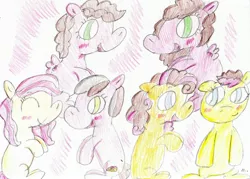 Size: 2779x1992 | Tagged: safe, artist:ptitemouette, derpibooru import, oc, oc:cheese cake, oc:cheese party, oc:chocolate cheesecake, oc:confetti surprise, oc:cream jade, oc:surprise, pony, kindverse, nonbinary, offspring, parent:cheese sandwich, parent:pinkie pie, parents:cheesepie, siblings