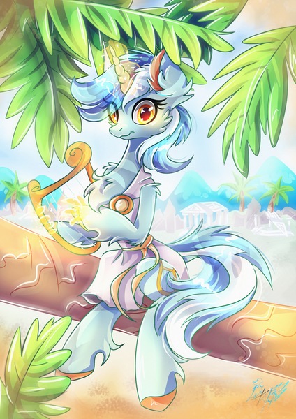 Size: 2894x4093 | Tagged: safe, artist:alexbluebird, derpibooru import, lyra heartstrings, pony, unicorn, chest fluff, clothes, female, fluffy, looking at you, lyre, magic, mare, musical instrument, palm tree, sitting, solo, tree